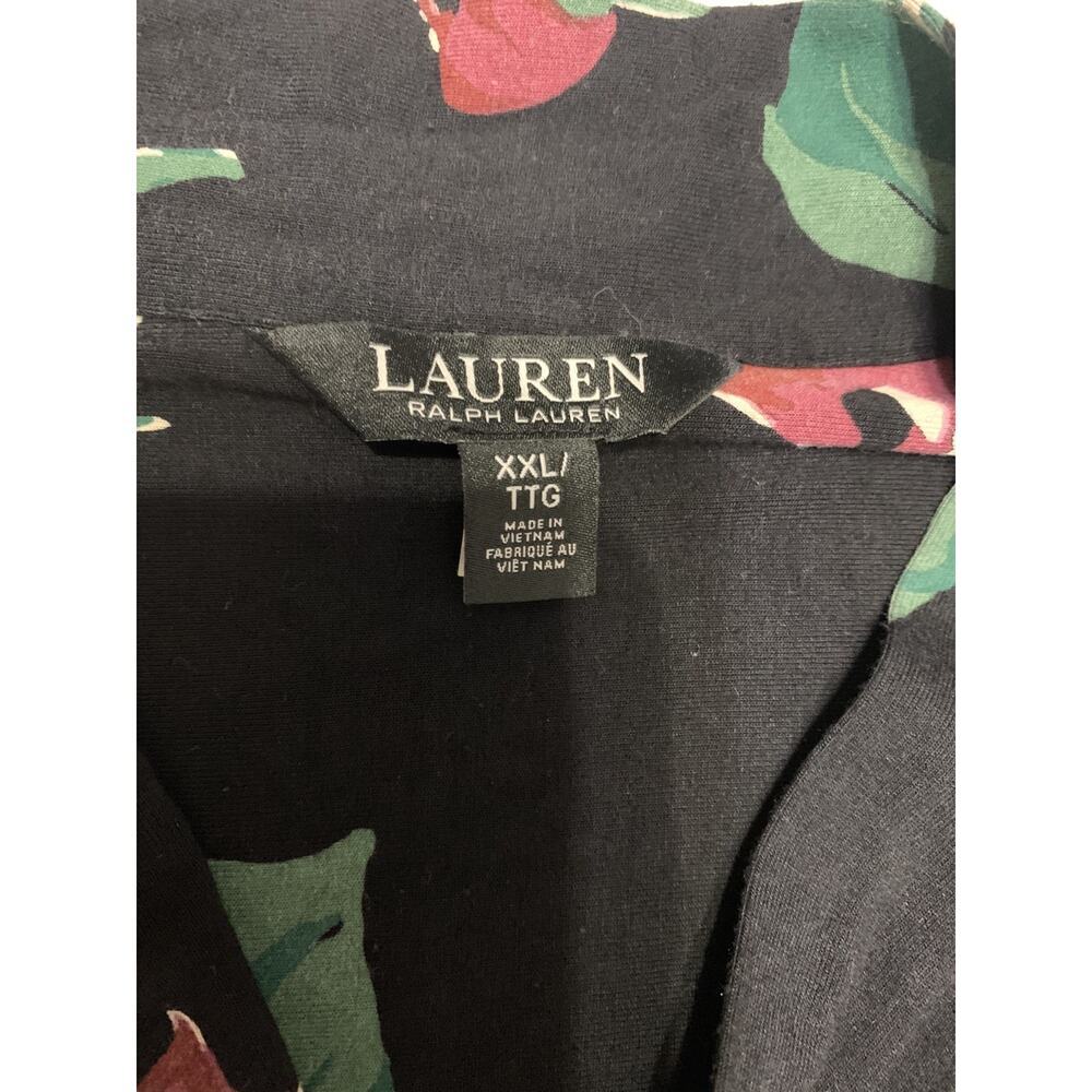 Lauren Ralph Lauren Black Pleated Floral Jersey Tie Neck Top Puff Sleeve XXL - Picture 8 of 10